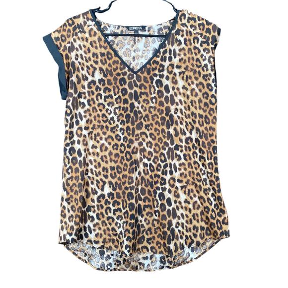 Express Womens Blouse Brown Cheetah Print V Neck Cap Sleeve Stretch Small - Picture 1 of 10